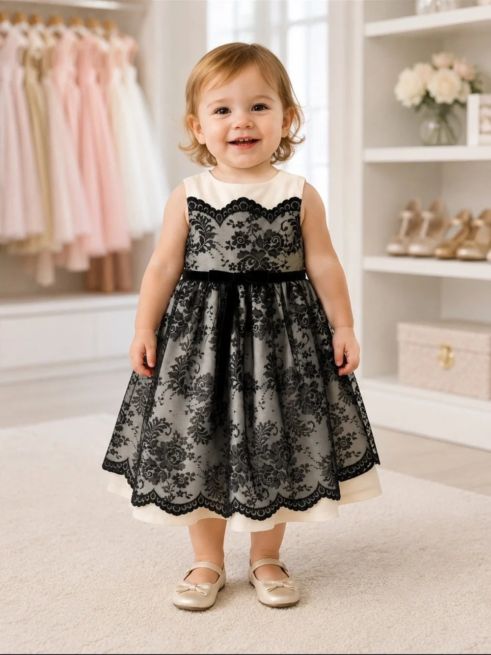 Bonnie Baby Black Lace Overlay Special Occasion Dress Size 4 EUC